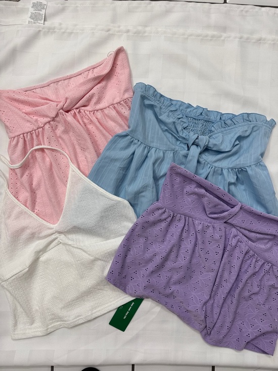 SHEIN Tops - SHEIN Pink & Purple Eyelet, Blue Tie-Front  Strapless Tops & White V-Neck Cami